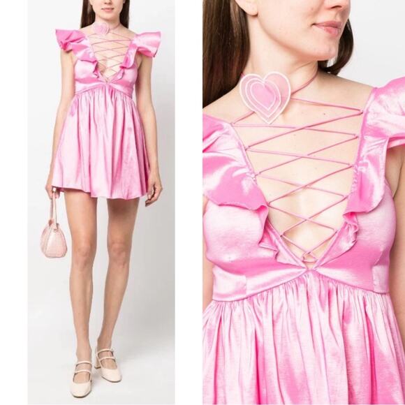 For Love & Lemons Lala Lace Up Heart Choker Ruffle Pink Mini Dress Size S - Picture 2 of 12